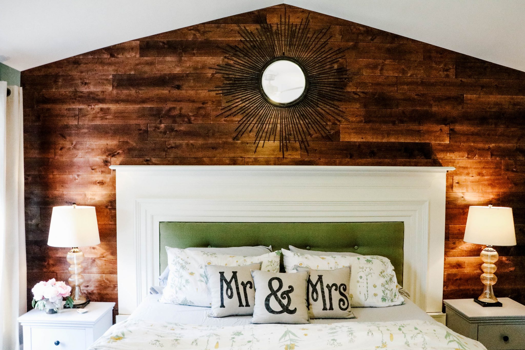 Master Bedroom Retreat with Wood-Planked Accent Wall and Tufted Mantel Headboard